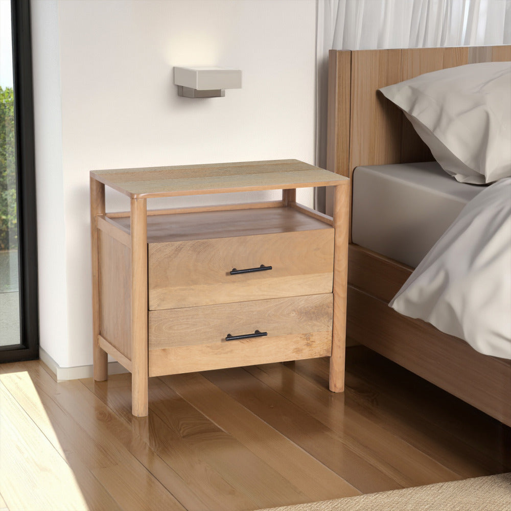 Geti 29 Inch Bedside Nightstand Table, Handcrafted Natural Oak White Mango Wood, 2 Drawer, Open Shelf By The Urban Port