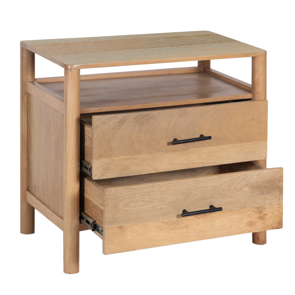 Geti 29 Inch Bedside Nightstand Table Handcrafted Natural Oak White Mango Wood 2 Drawer Open Shelf By The Urban Port