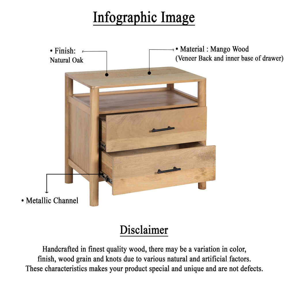 Geti 29 Inch Bedside Nightstand Table Handcrafted Natural Oak White Mango Wood 2 Drawer Open Shelf By The Urban Port