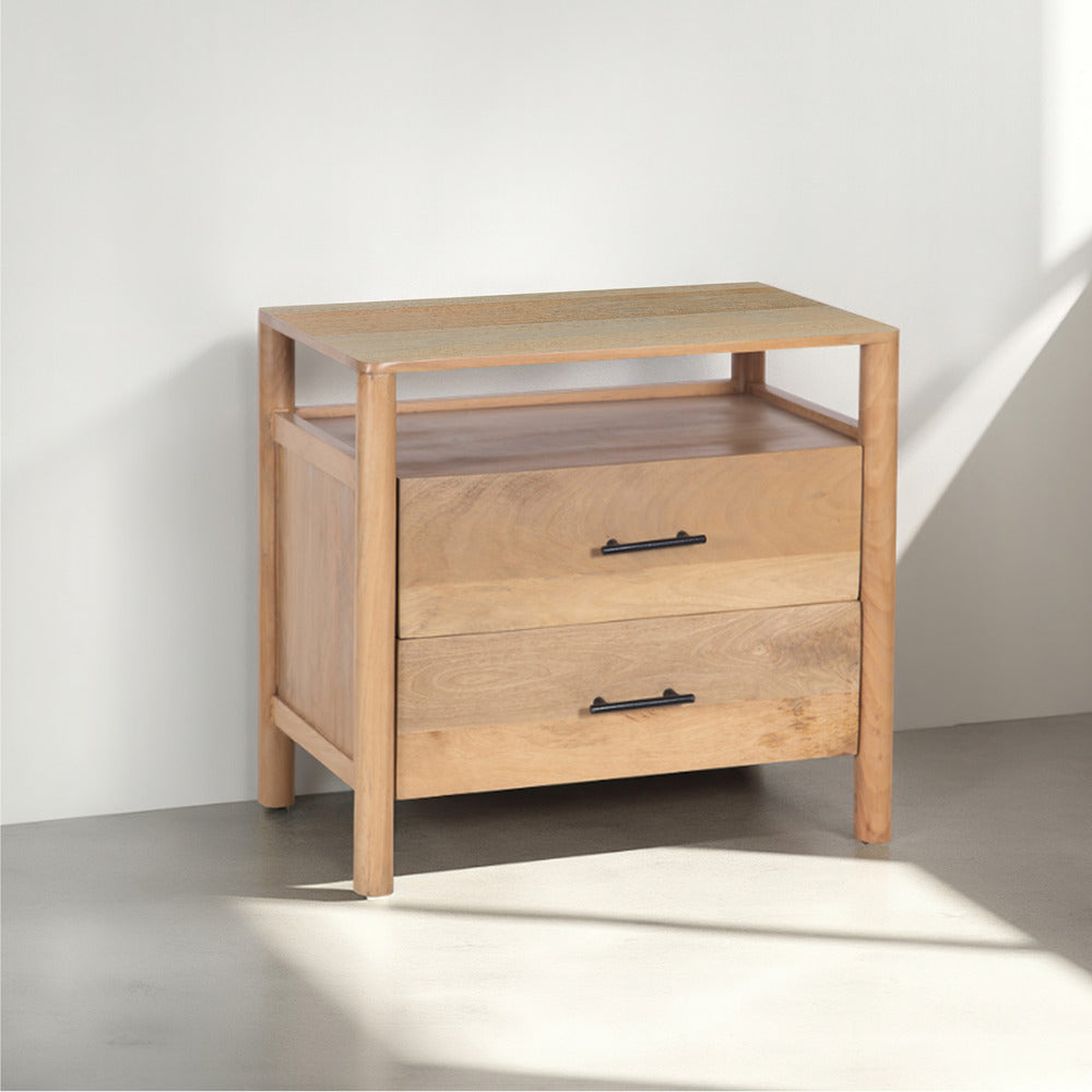 Geti 29 Inch Bedside Nightstand Table Handcrafted Natural Oak White Mango Wood 2 Drawer Open Shelf By The Urban Port