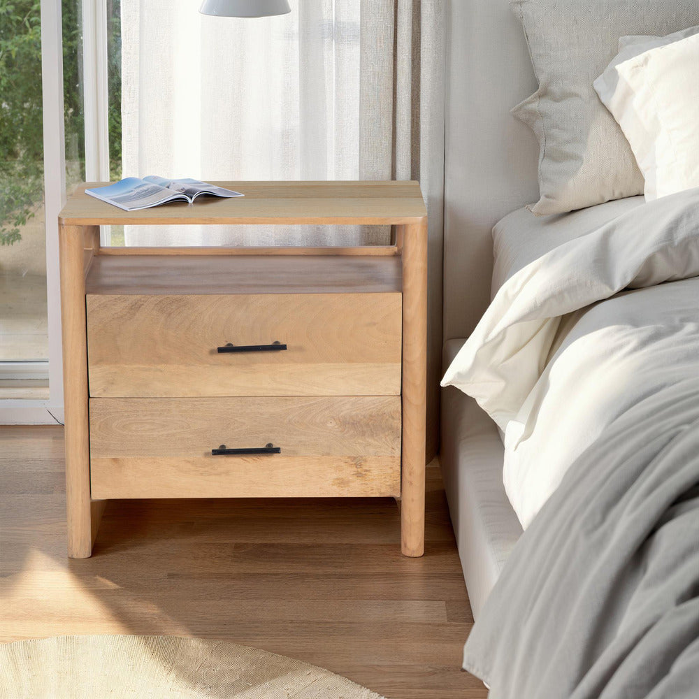 Geti 29 Inch Bedside Nightstand Table Handcrafted Natural Oak White Mango Wood 2 Drawer Open Shelf By The Urban Port