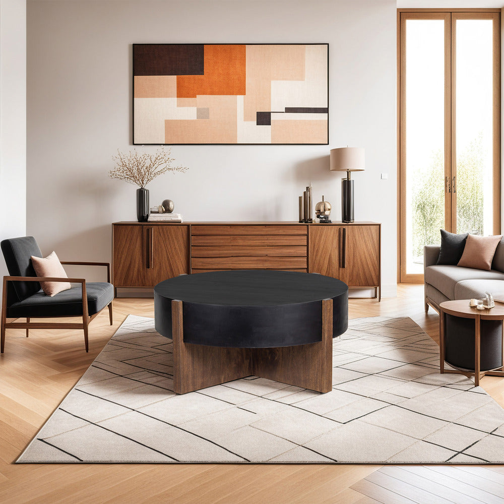 Naufe Coffee Table 41 Inch Round Matte Black Top Brown Cross Panel Legs Mango Wood Frame By The Urban Port UPT-326515