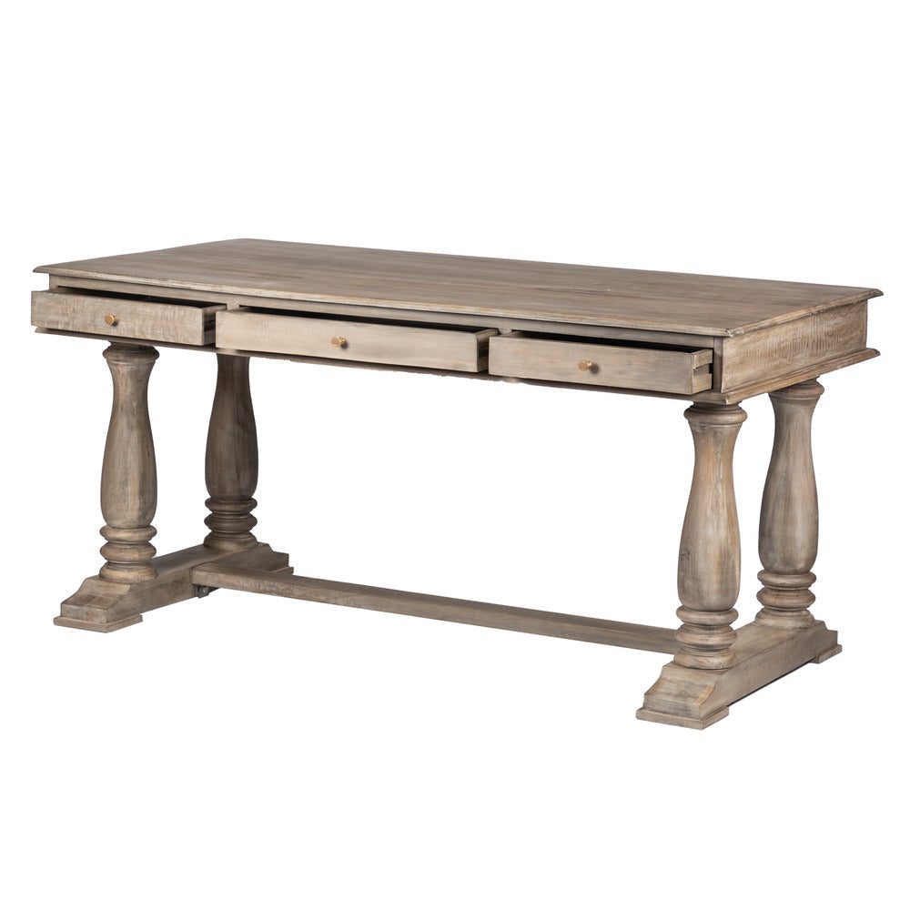 Aurice Writing Desk with Classic Turned Legs 59 Inch Farmhouse Antique Graywash Mango Wood By The Urban Port UPT-326516