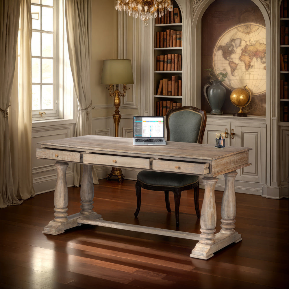 Aurice Writing Desk with Classic Turned Legs 59 Inch Farmhouse Antique Graywash Mango Wood By The Urban Port UPT-326516