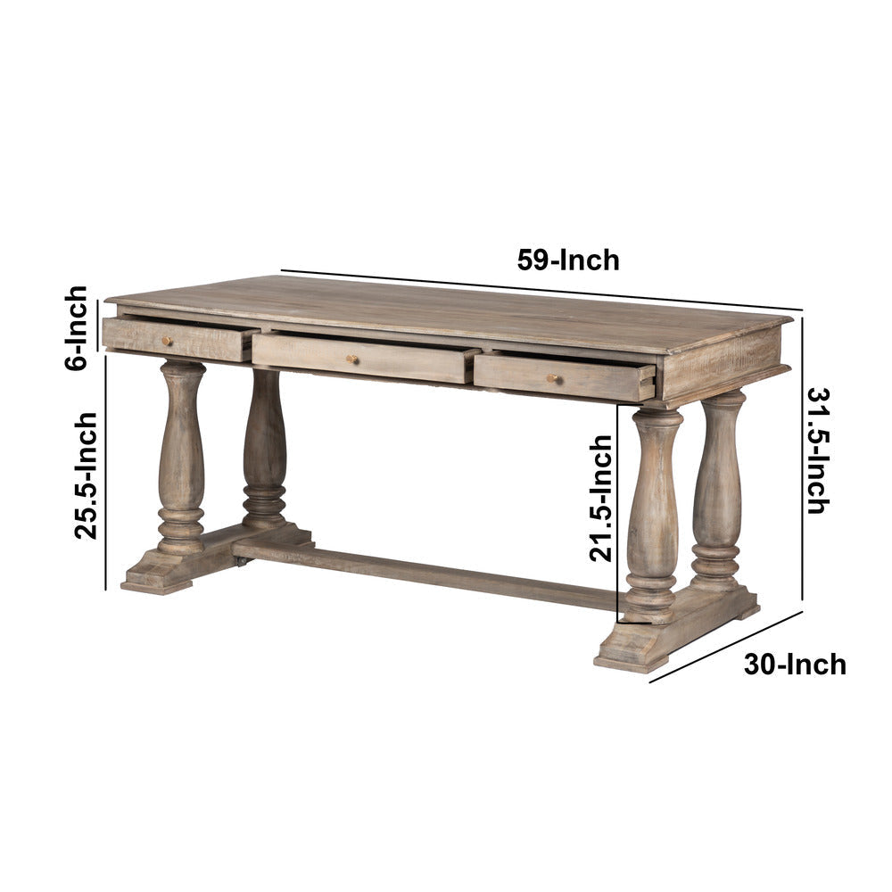 Aurice Writing Desk with Classic Turned Legs 59 Inch Farmhouse Antique Graywash Mango Wood By The Urban Port UPT-326516