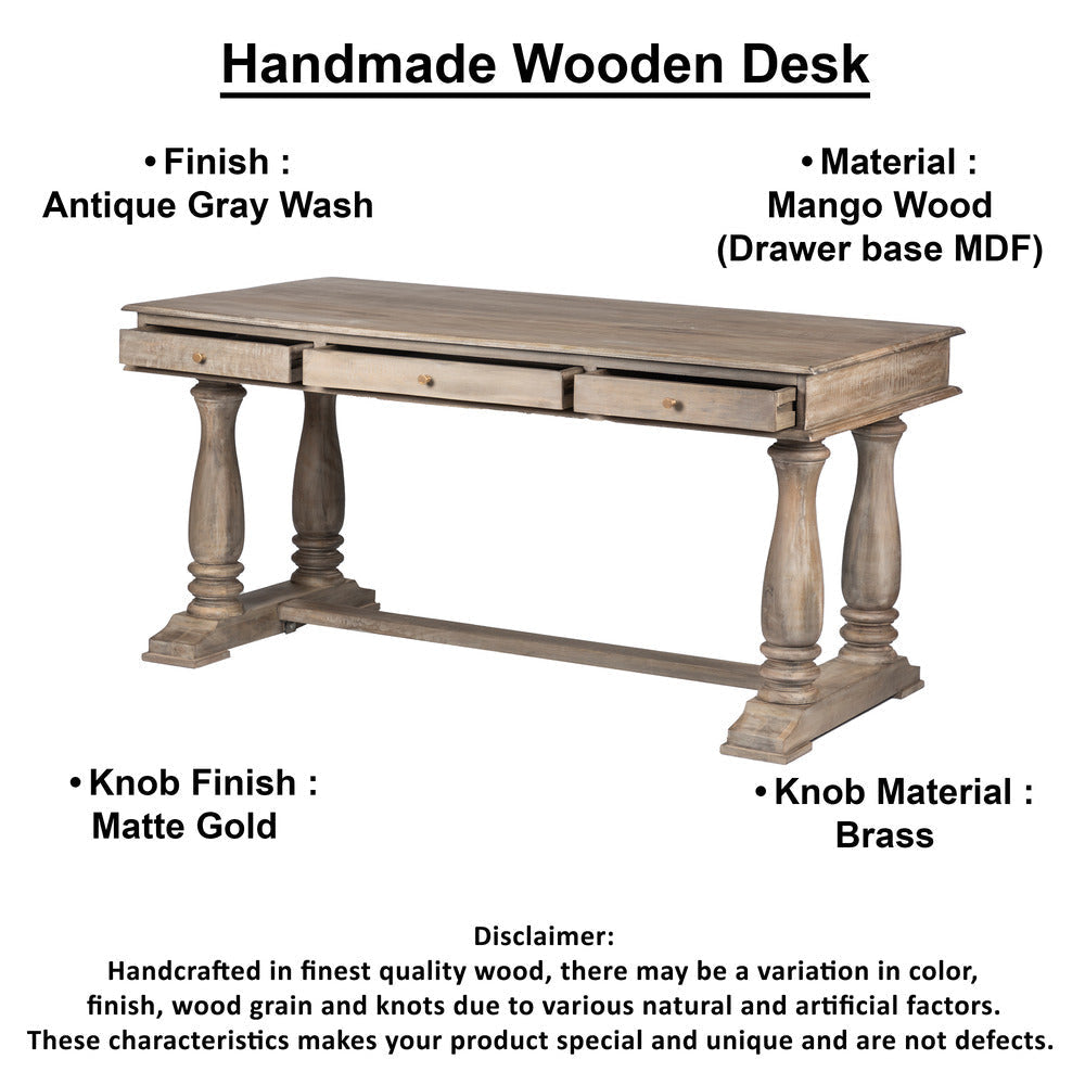 Aurice Writing Desk with Classic Turned Legs 59 Inch Farmhouse Antique Graywash Mango Wood By The Urban Port UPT-326516