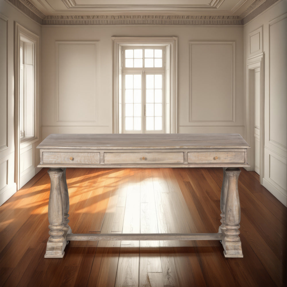 Aurice Writing Desk with Classic Turned Legs 59 Inch Farmhouse Antique Graywash Mango Wood By The Urban Port UPT-326516