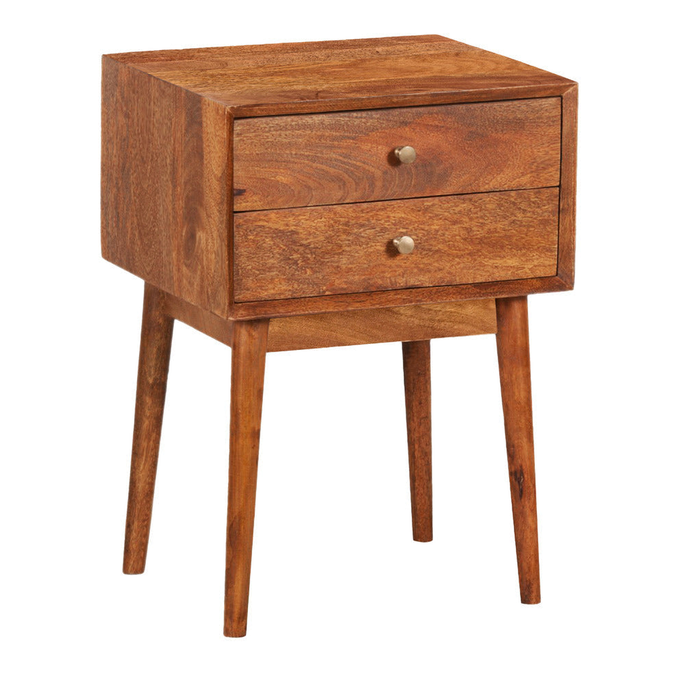 Nali Bedside Nightstand Table 2 Drawers Natural Brown Mango Wood Brass Knobs By The Urban Port