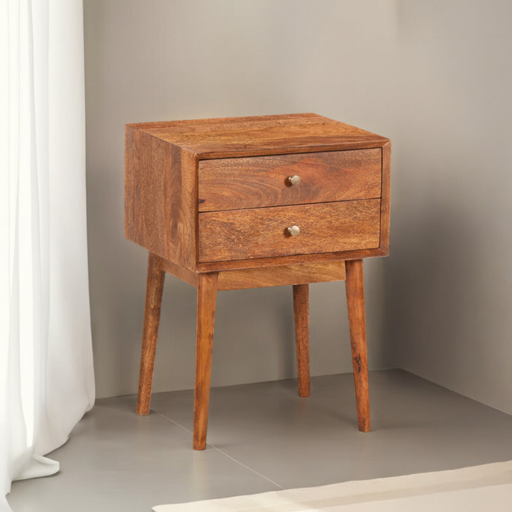Nali Bedside Nightstand Table 2 Drawers Natural Brown Mango Wood Brass Knobs By The Urban Port