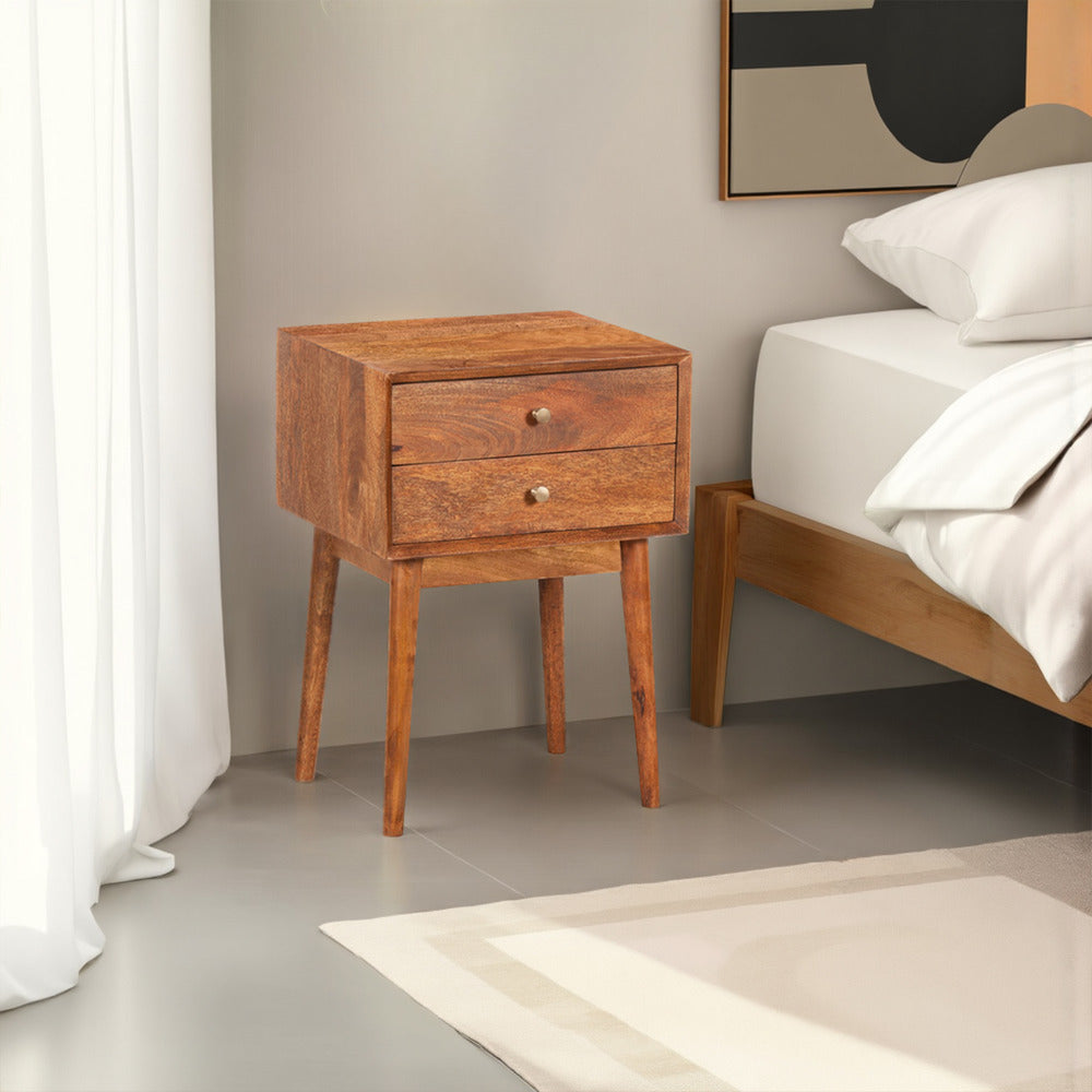 Nali Bedside Nightstand Table, 2 Drawers, Natural Brown Mango Wood, Brass Knobs By The Urban Port