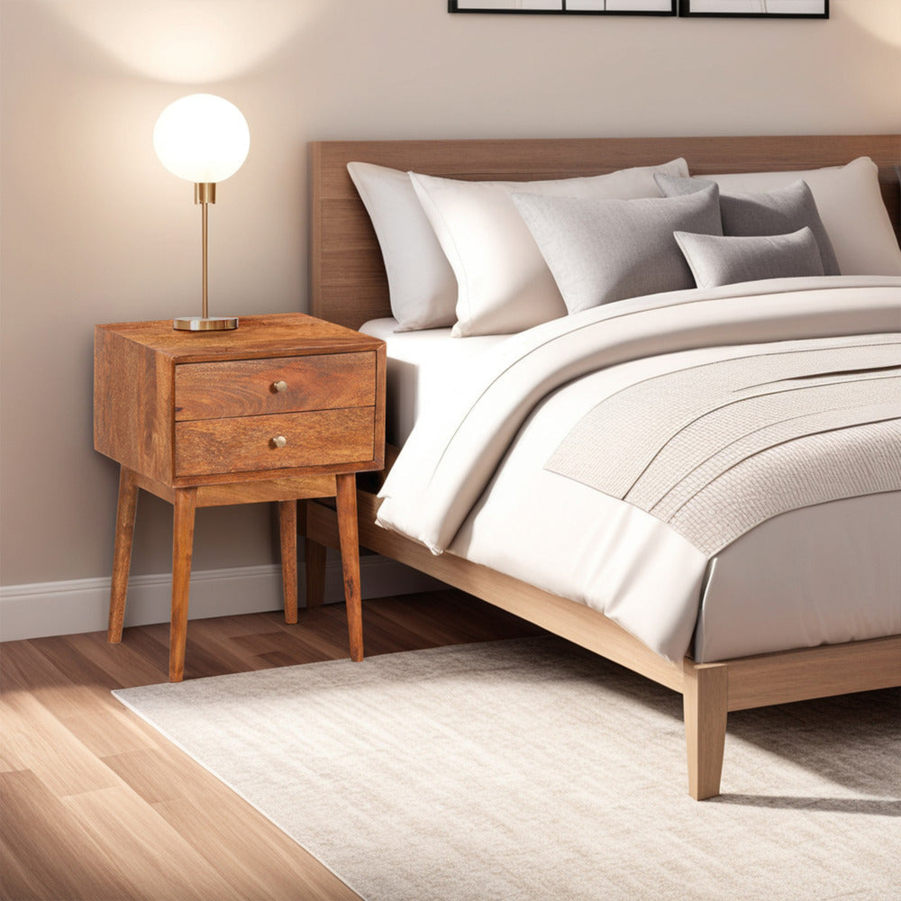 Nali Bedside Nightstand Table 2 Drawers Natural Brown Mango Wood Brass Knobs By The Urban Port