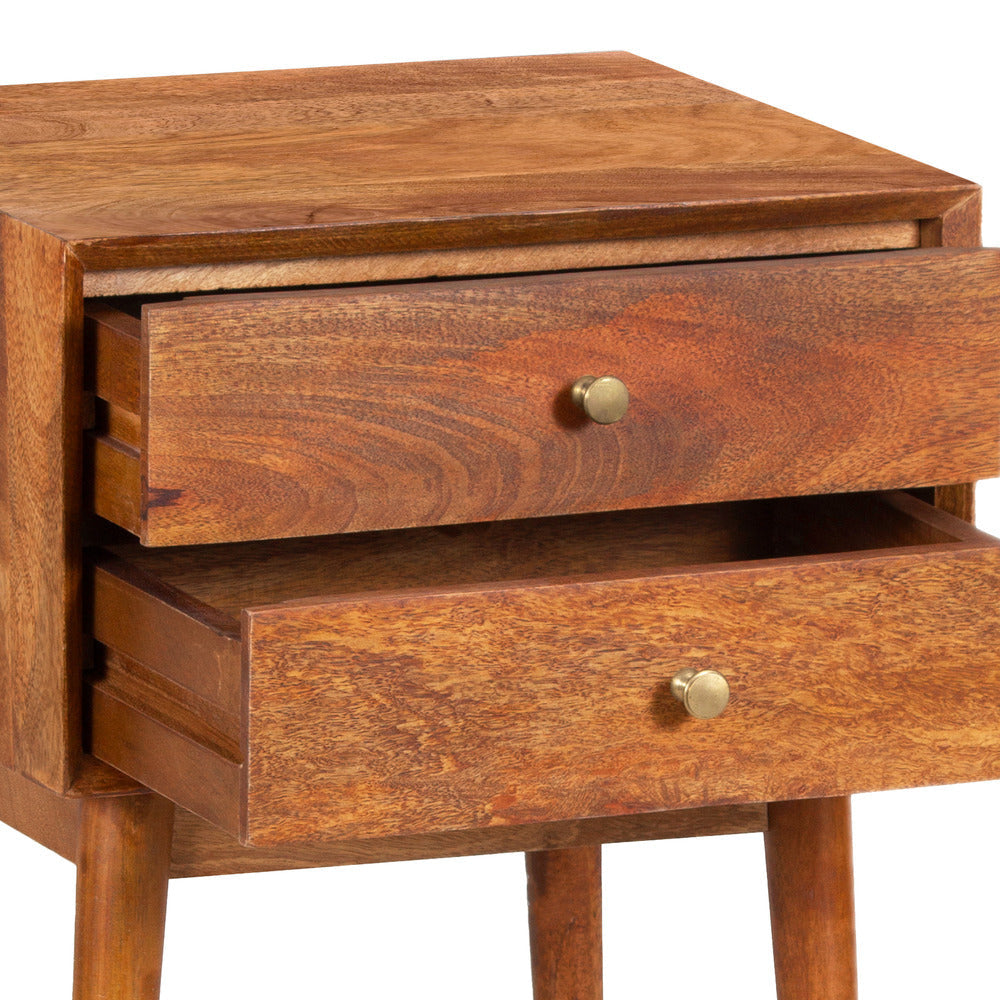 Nali Bedside Nightstand Table 2 Drawers Natural Brown Mango Wood Brass Knobs By The Urban Port