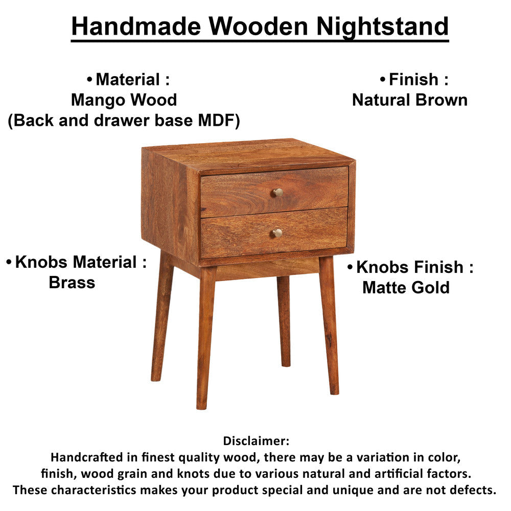 Nali Bedside Nightstand Table 2 Drawers Natural Brown Mango Wood Brass Knobs By The Urban Port