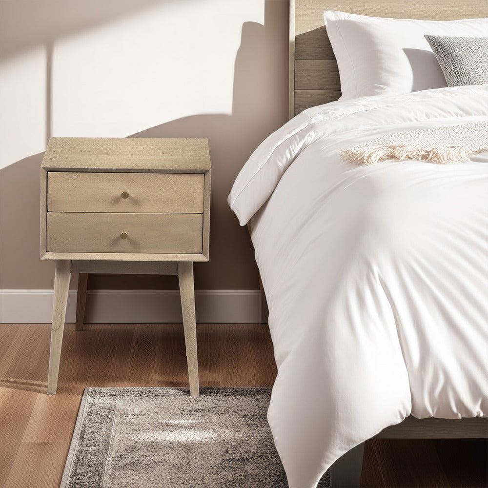 Nali Bedside Nightstand Table 2 Drawers Sandblasted Washed Ash White Mango Wood Brass Knobs By The Urban Port