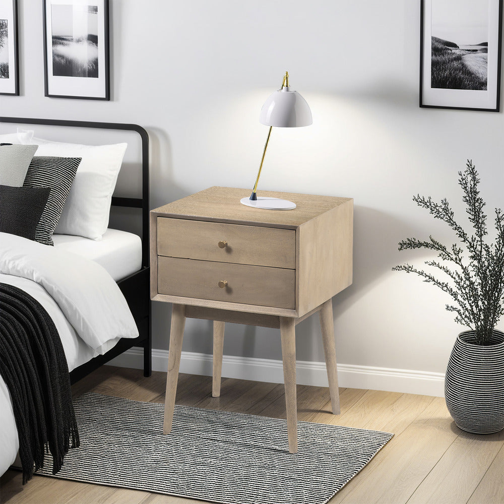 Nali Bedside Nightstand Table, 2 Drawers, Sandblasted Washed Ash White Mango Wood, Brass Knobs By The Urban Port