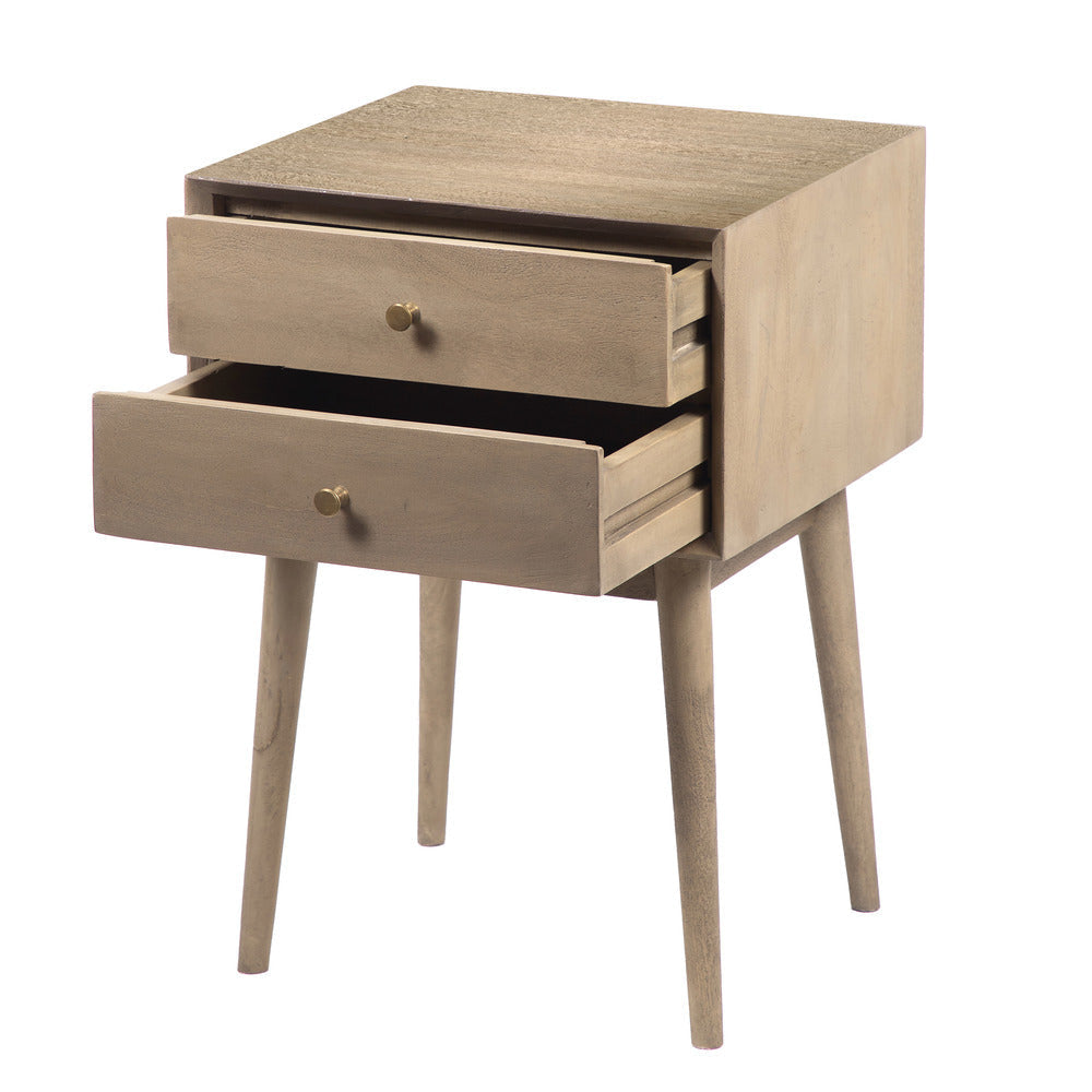 Nali Bedside Nightstand Table 2 Drawers Sandblasted Washed Ash White Mango Wood Brass Knobs By The Urban Port