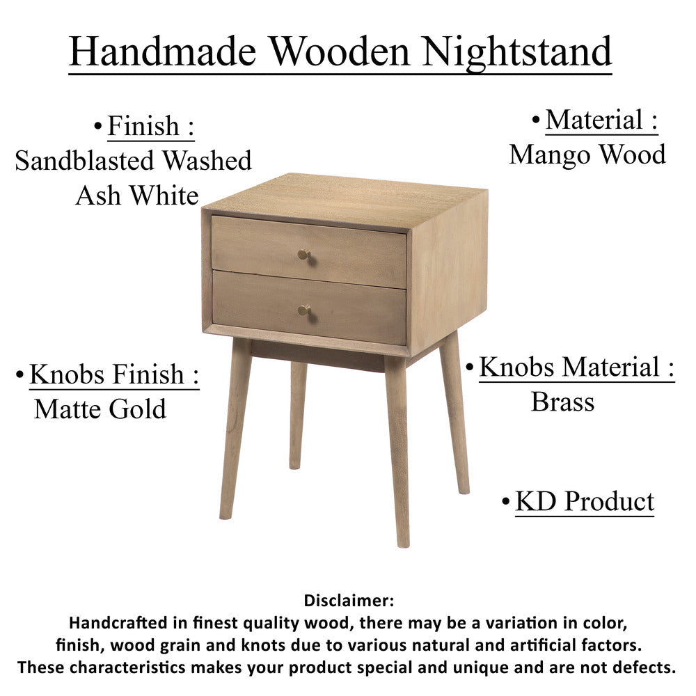 Nali Bedside Nightstand Table 2 Drawers Sandblasted Washed Ash White Mango Wood Brass Knobs By The Urban Port
