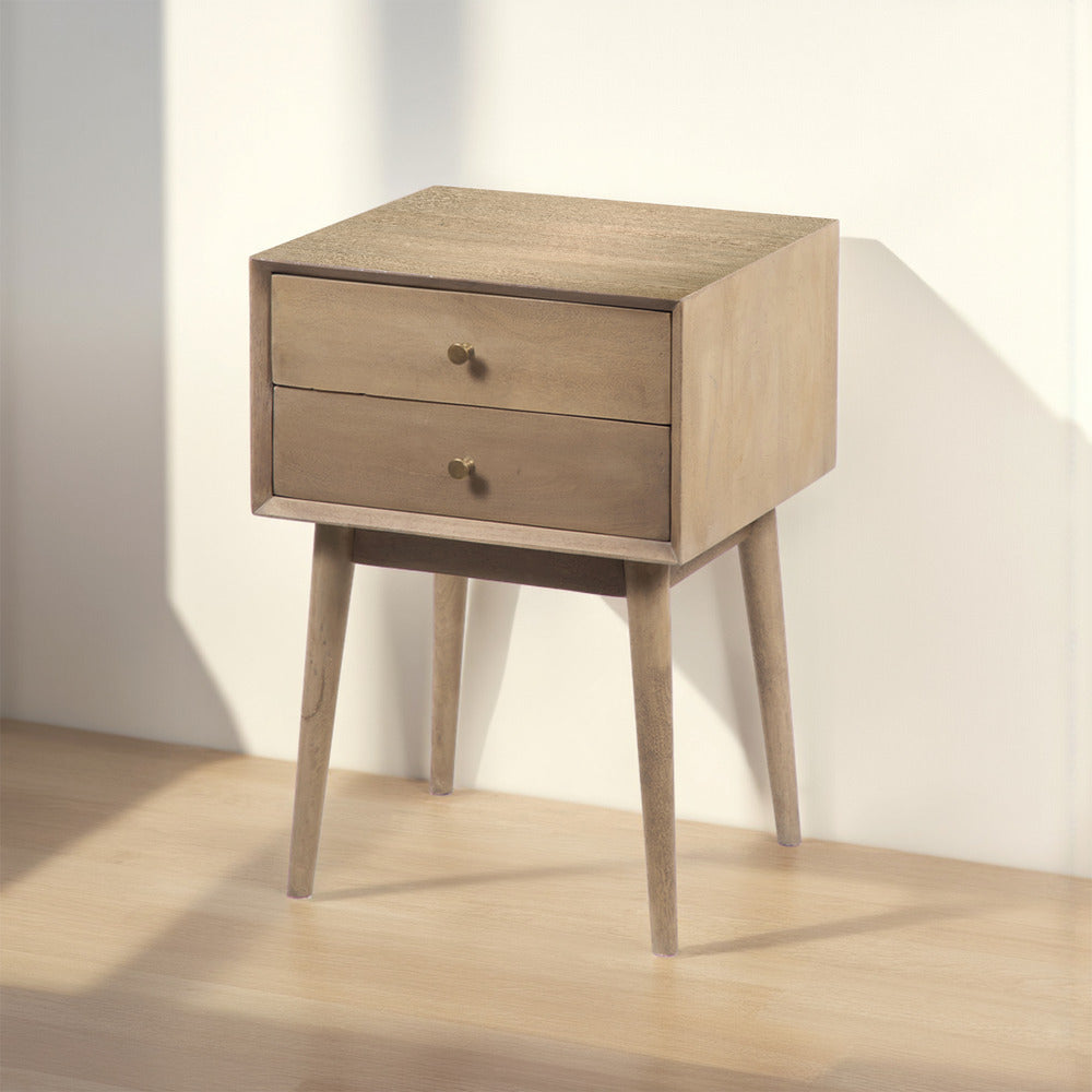 Nali Bedside Nightstand Table 2 Drawers Sandblasted Washed Ash White Mango Wood Brass Knobs By The Urban Port