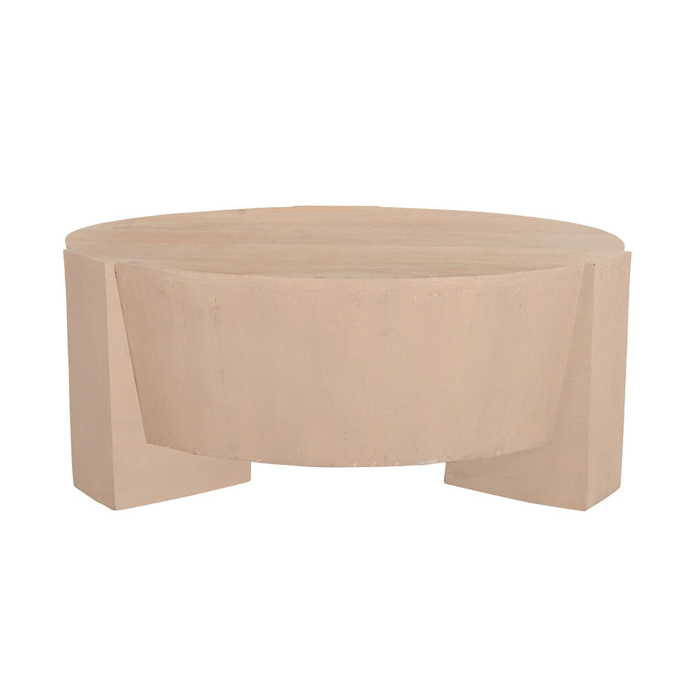 Joana Coffee Table 35 Inch Round Drum Shape with 3 Legs Sandblasted Natural Brown Mango Wood By The Urban Port UPT-326653