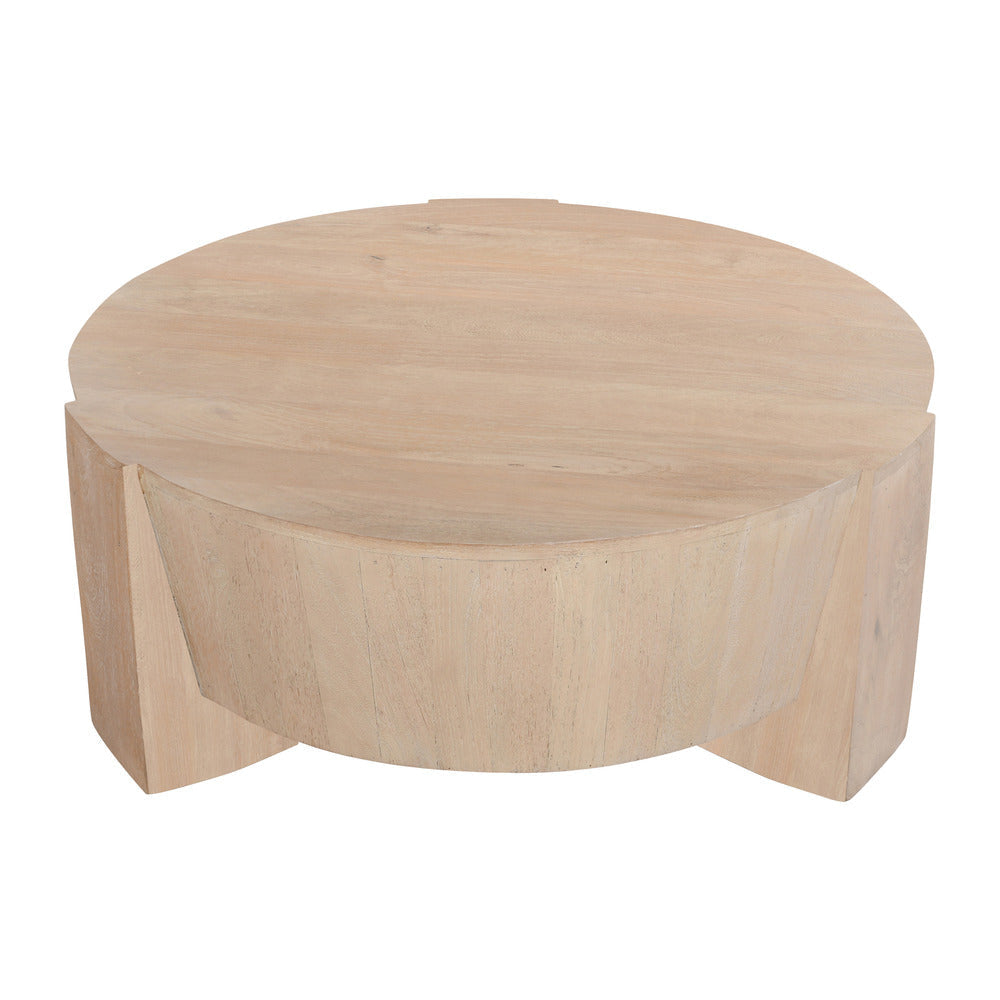 Joana Coffee Table 35 Inch Round Drum Shape with 3 Legs Sandblasted Natural Brown Mango Wood By The Urban Port UPT-326653
