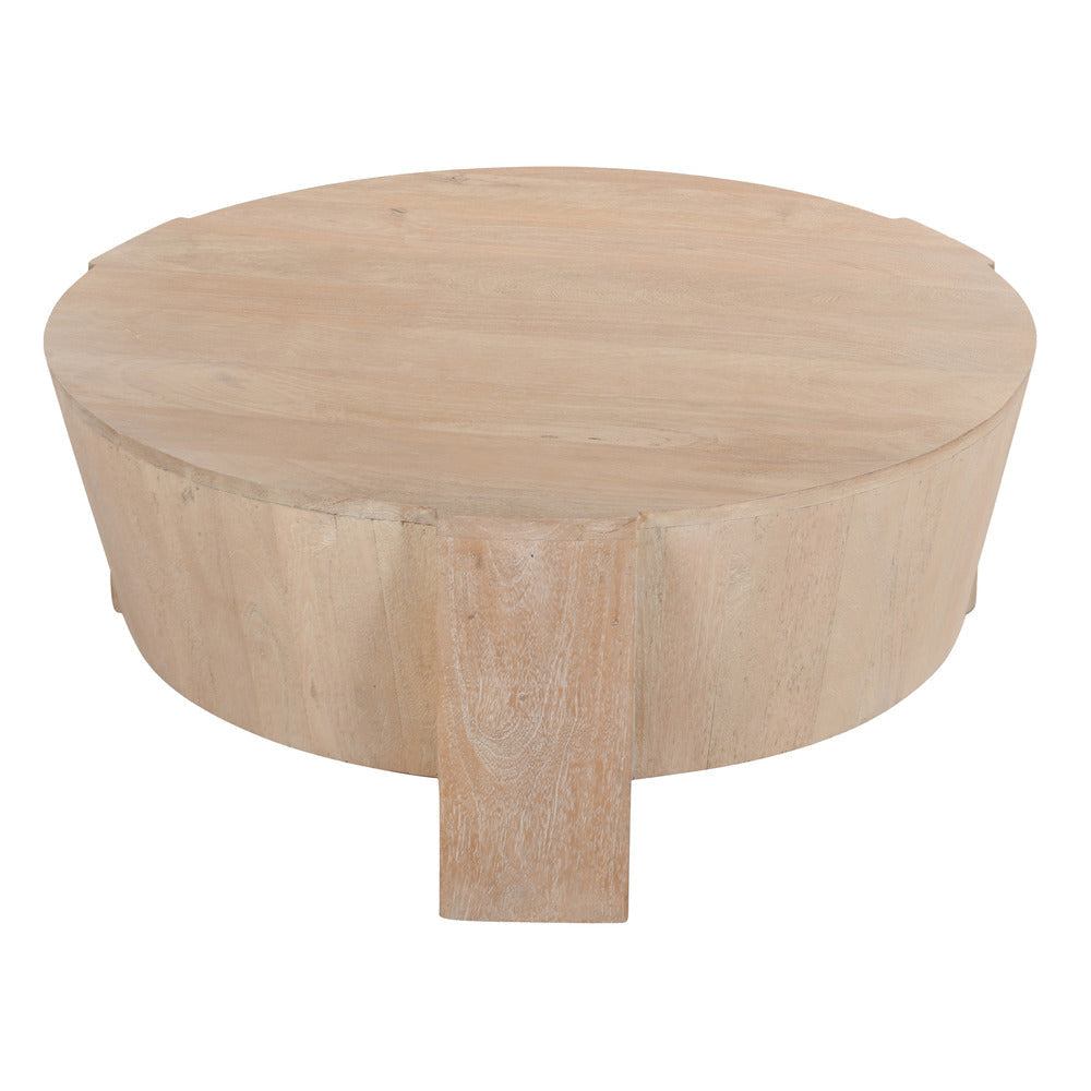Joana Coffee Table 35 Inch Round Drum Shape with 3 Legs Sandblasted Natural Brown Mango Wood By The Urban Port UPT-326653