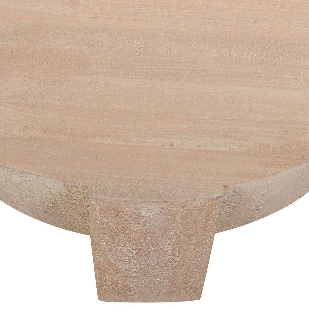 Joana Coffee Table 35 Inch Round Drum Shape with 3 Legs Sandblasted Natural Brown Mango Wood By The Urban Port UPT-326653