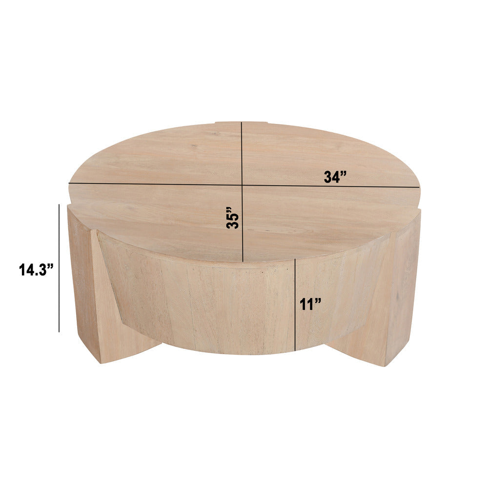 Joana Coffee Table 35 Inch Round Drum Shape with 3 Legs Sandblasted Natural Brown Mango Wood By The Urban Port UPT-326653