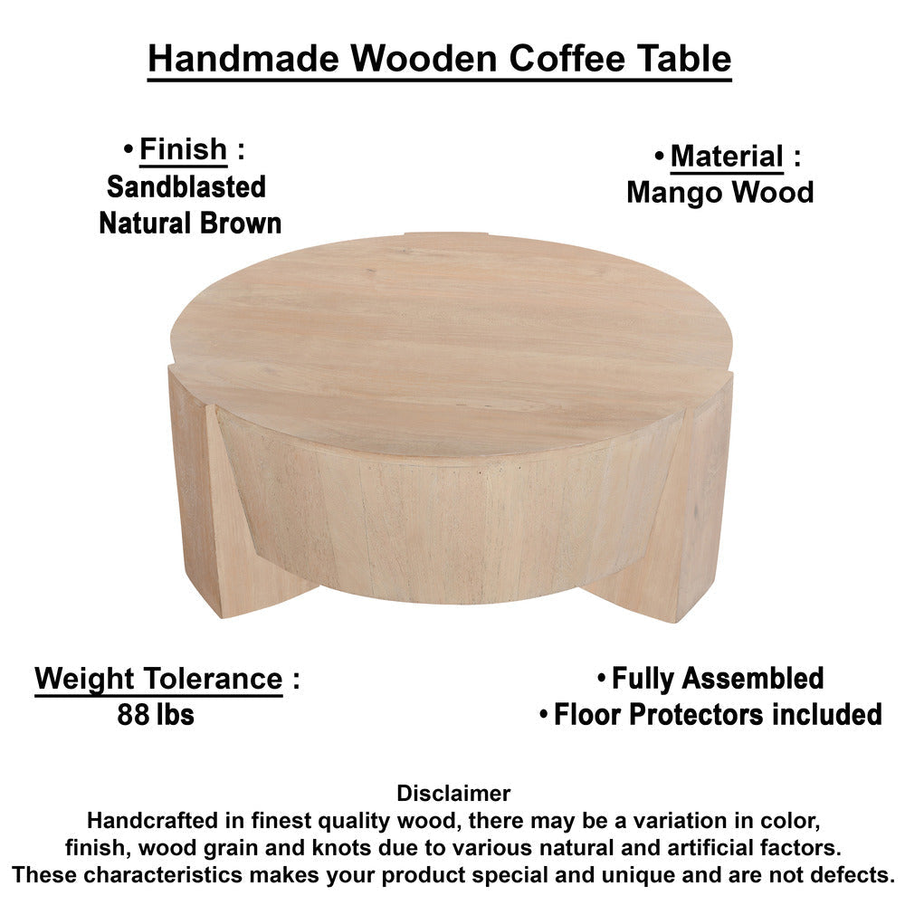 Joana Coffee Table 35 Inch Round Drum Shape with 3 Legs Sandblasted Natural Brown Mango Wood By The Urban Port UPT-326653