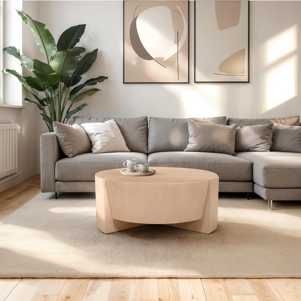 Joana Coffee Table, 35 Inch Round Drum Shape with 3 Legs, Sandblasted Natural Brown Mango Wood By The Urban Port