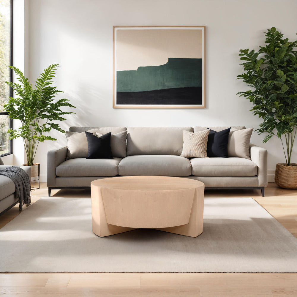 Joana Coffee Table 35 Inch Round Drum Shape with 3 Legs Sandblasted Natural Brown Mango Wood By The Urban Port UPT-326653