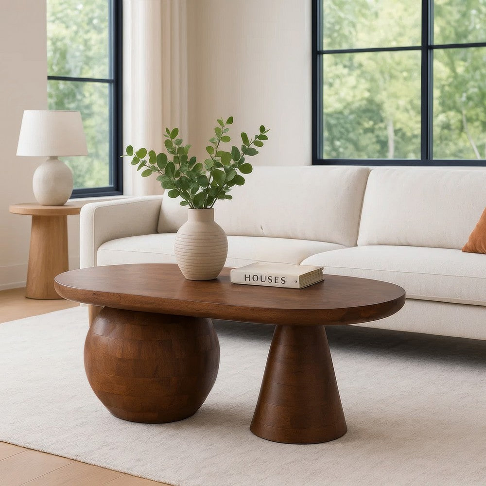 Leeds Coffee Table | 38" Handmade Walnut Brown Mango Wood Oval Top | Round Ball and Cone Base By The Urban Port