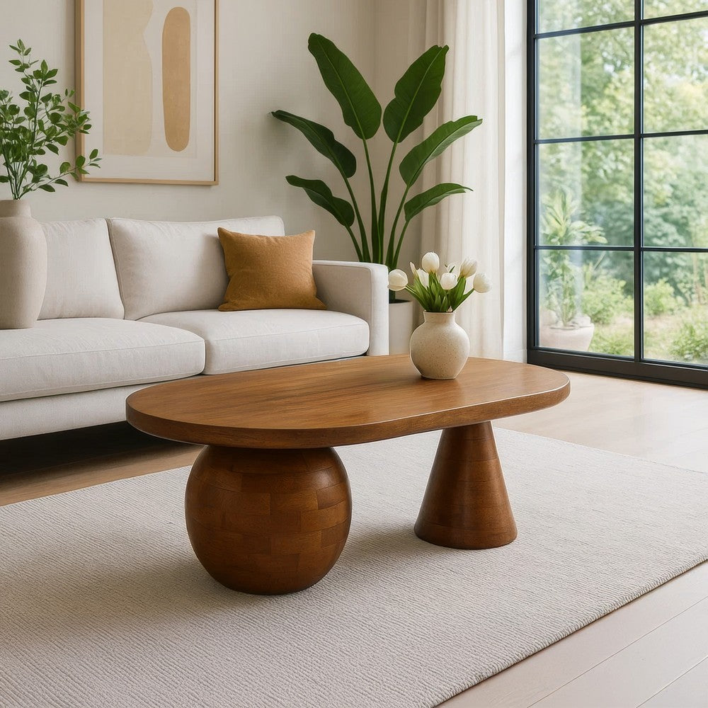 Leeds Coffee Table | 38" Handmade Walnut Brown Mango Wood Oval Top | Round Ball and Cone Base By The Urban Port