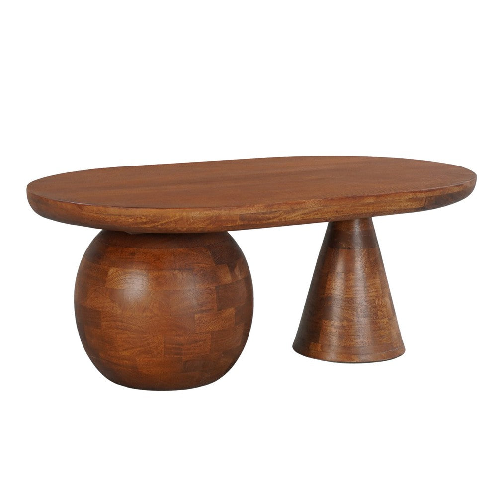 Leeds Coffee Table | 38" Handmade Walnut Brown Mango Wood Oval Top | Round Ball and Cone Base By The Urban Port