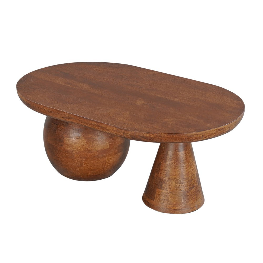 Leeds Coffee Table | 38" Handmade Walnut Brown Mango Wood Oval Top | Round Ball and Cone Base By The Urban Port