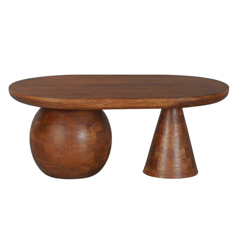 Leeds Coffee Table | 38" Handmade Walnut Brown Mango Wood Oval Top | Round Ball and Cone Base By The Urban Port