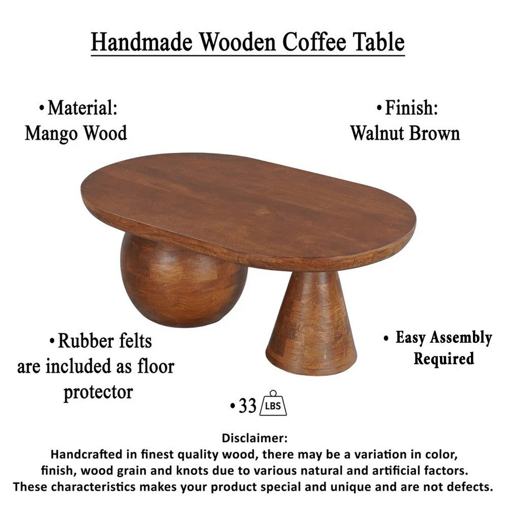 Leeds Coffee Table | 38" Handmade Walnut Brown Mango Wood Oval Top | Round Ball and Cone Base By The Urban Port