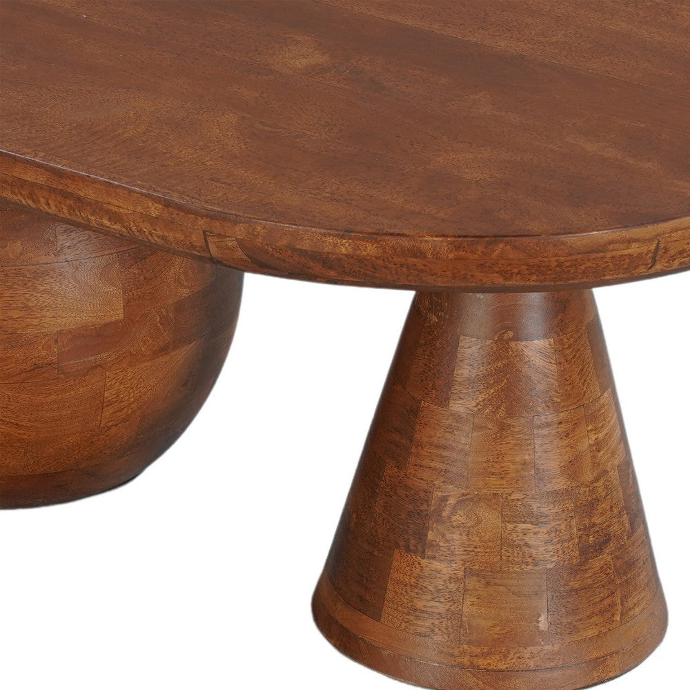 Leeds Coffee Table | 38’’ Handmade Walnut Brown Mango Wood Oval Top | Round Ball and Cone Base By The Urban Port UPT-326715