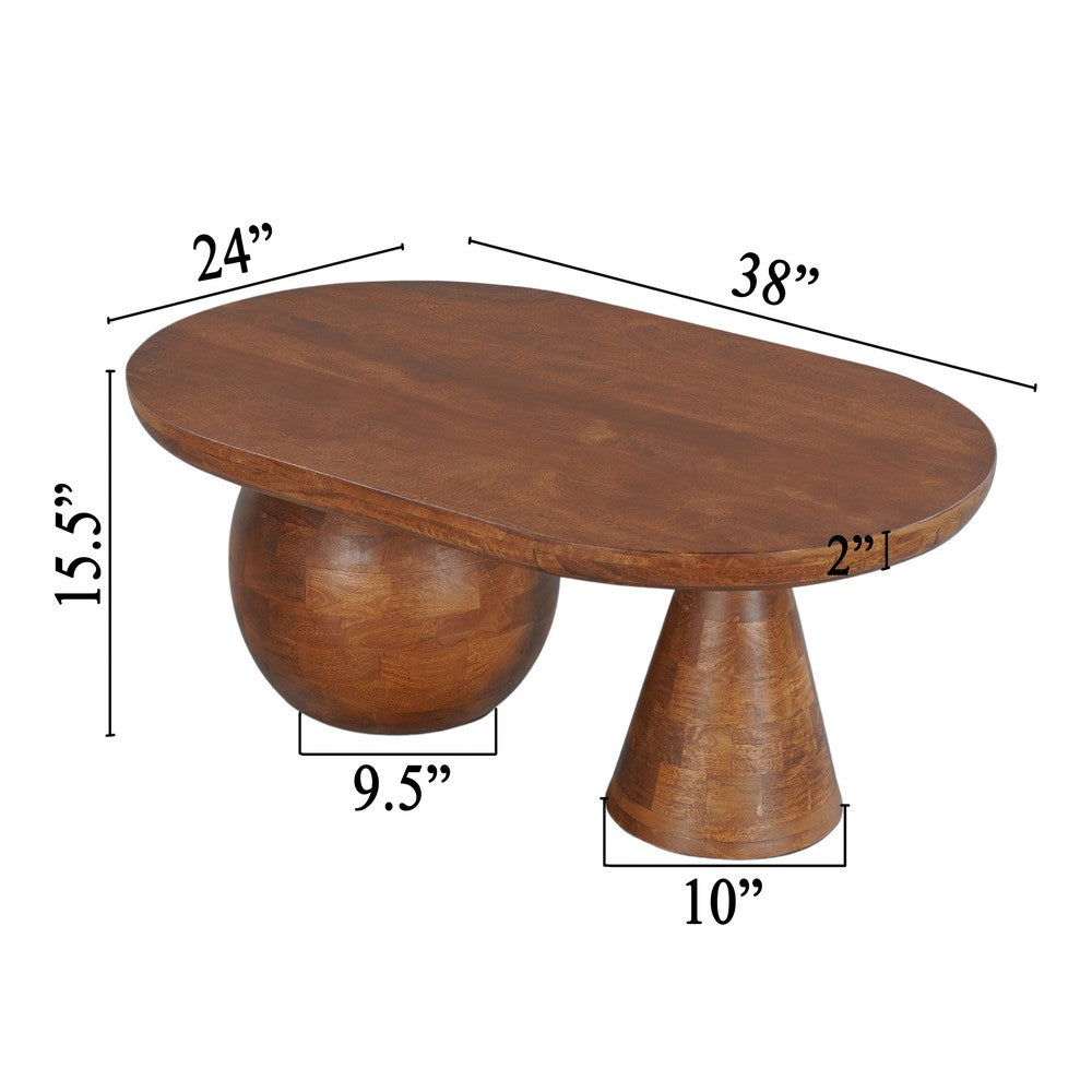 Leeds Coffee Table | 38" Handmade Walnut Brown Mango Wood Oval Top | Round Ball and Cone Base By The Urban Port