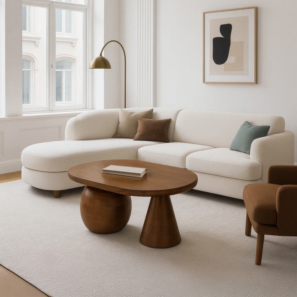 Leeds Coffee Table | 38’’ Handmade Walnut Brown Mango Wood Oval Top | Round Ball and Cone Base By The Urban Port UPT-326715