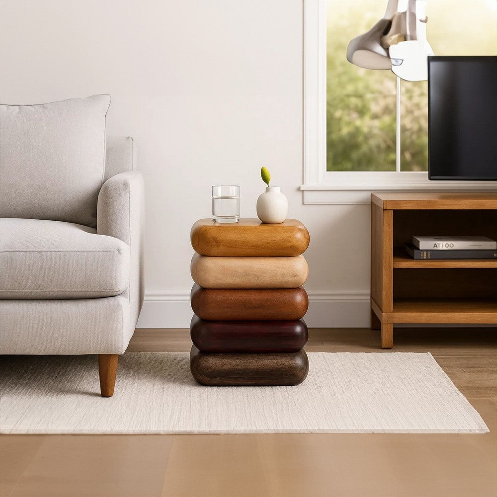 Zyra 18 Inch Side End Table Sculptural Stacked Design Mango and Acacia Wood Artisanship Brown By The Urban Port