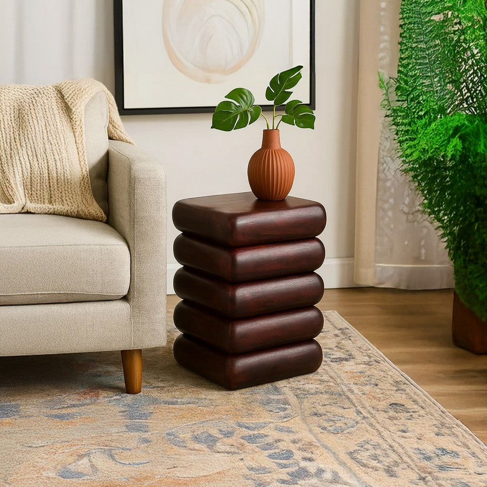 Zyra 18" Side End Table | Sculptural Stacked Design |  Dark Cherry Brown Acacia Wood By The Urban Port