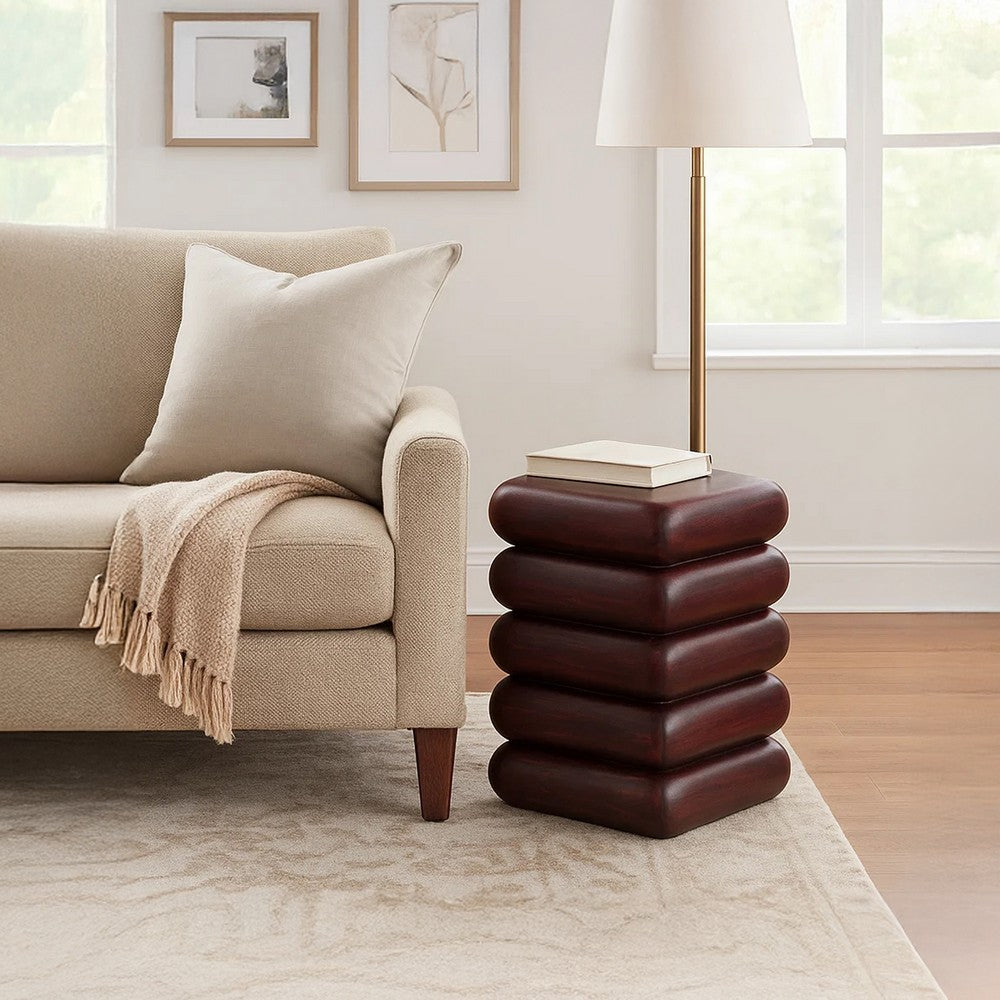 Zyra 18" Side End Table | Sculptural Stacked Design |  Dark Cherry Brown Acacia Wood By The Urban Port