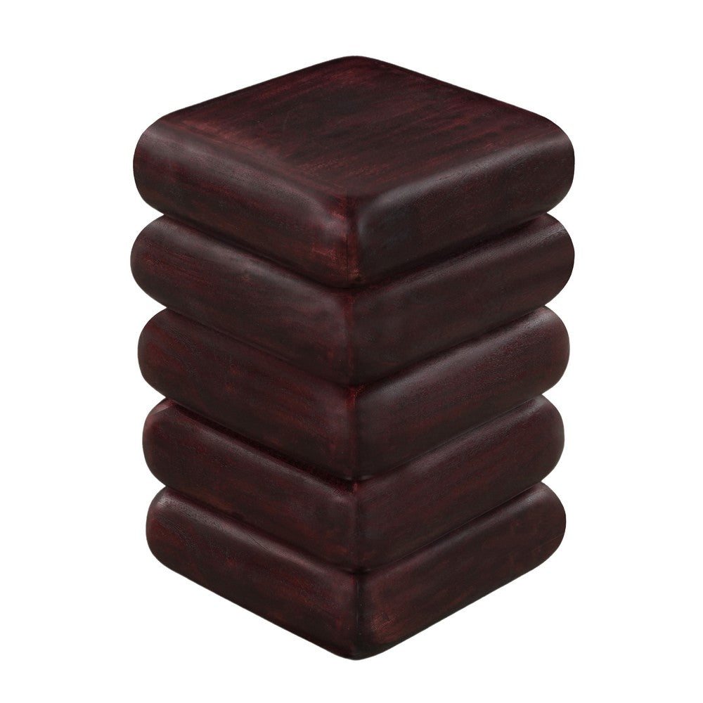 Zyra 18" Side End Table | Sculptural Stacked Design |  Dark Cherry Brown Acacia Wood By The Urban Port