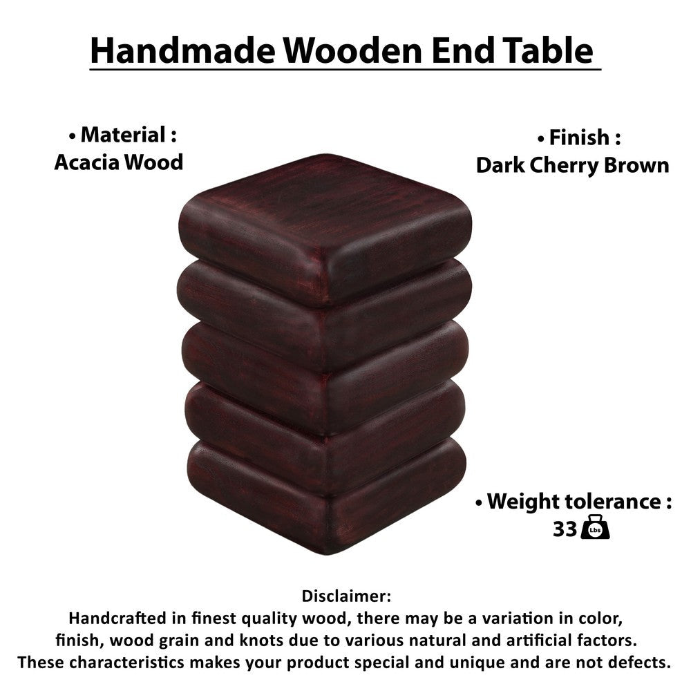Zyra 18" Side End Table | Sculptural Stacked Design |  Dark Cherry Brown Acacia Wood By The Urban Port