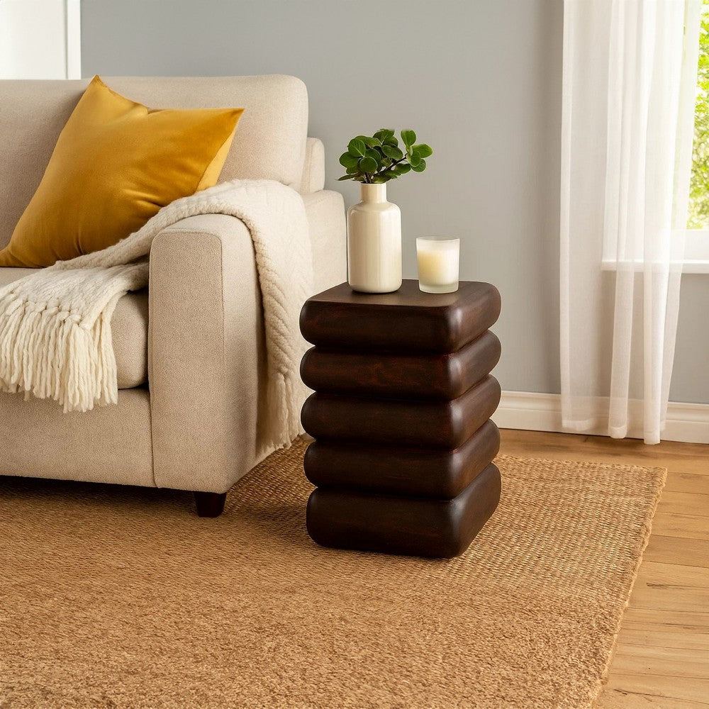 Zyra 18" Side End Table | Sculptural Stacked Design |  Dark Cherry Brown Acacia Wood By The Urban Port