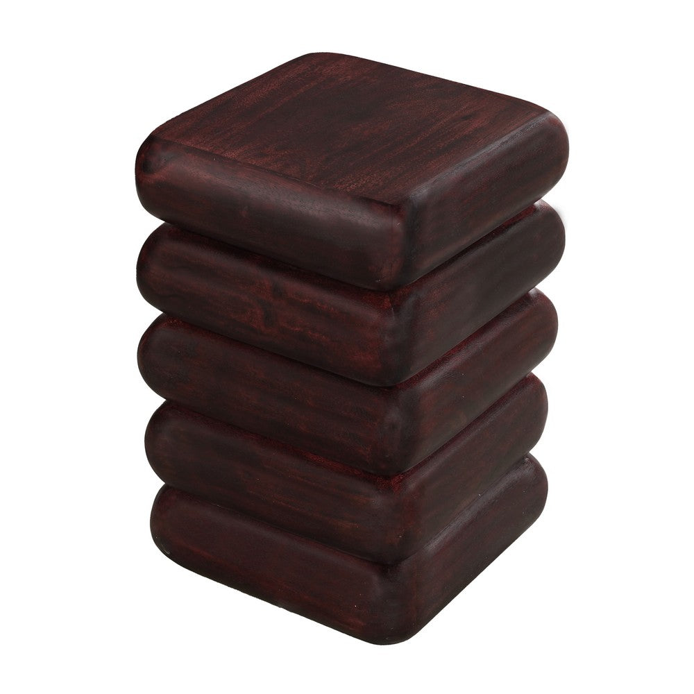 Zyra 18" Side End Table | Sculptural Stacked Design |  Dark Cherry Brown Acacia Wood By The Urban Port