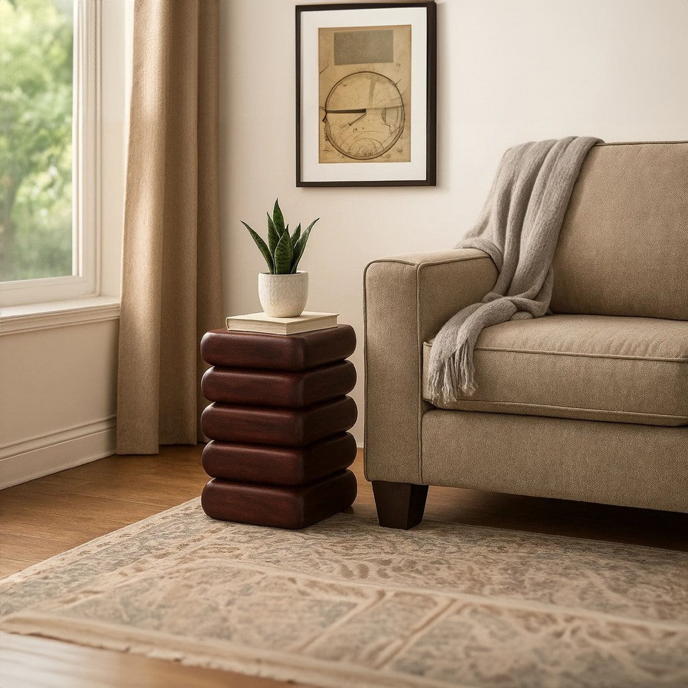 Zyra 18" Side End Table | Sculptural Stacked Design |  Dark Cherry Brown Acacia Wood By The Urban Port