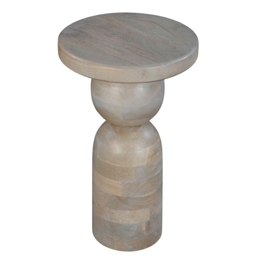Tia 12 Inch Round Side End Table Turned Pedestal Base Beige Mango Wood in Natural Brown Finish By The Urban Port UPT-326718