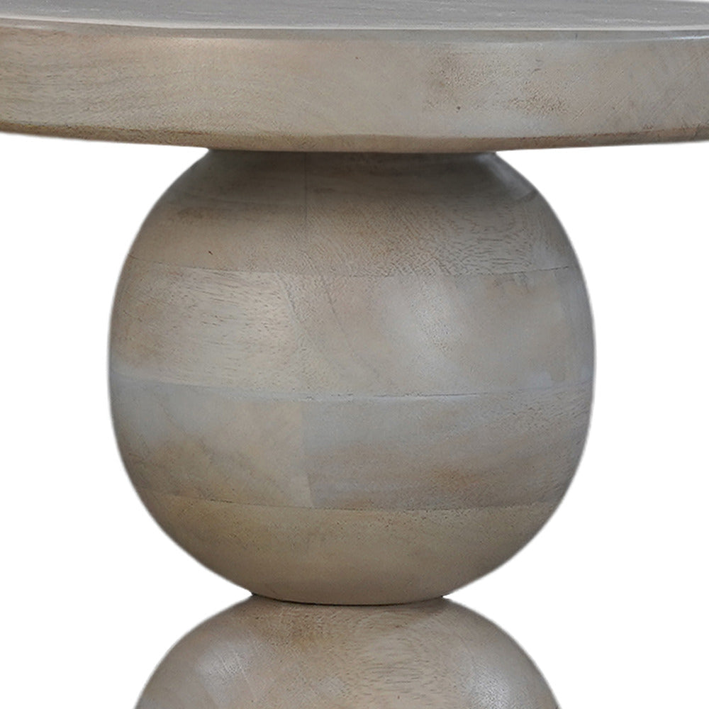 Tia 12 Inch Round Side End Table Turned Pedestal Base Beige Mango Wood in Natural Brown Finish By The Urban Port UPT-326718