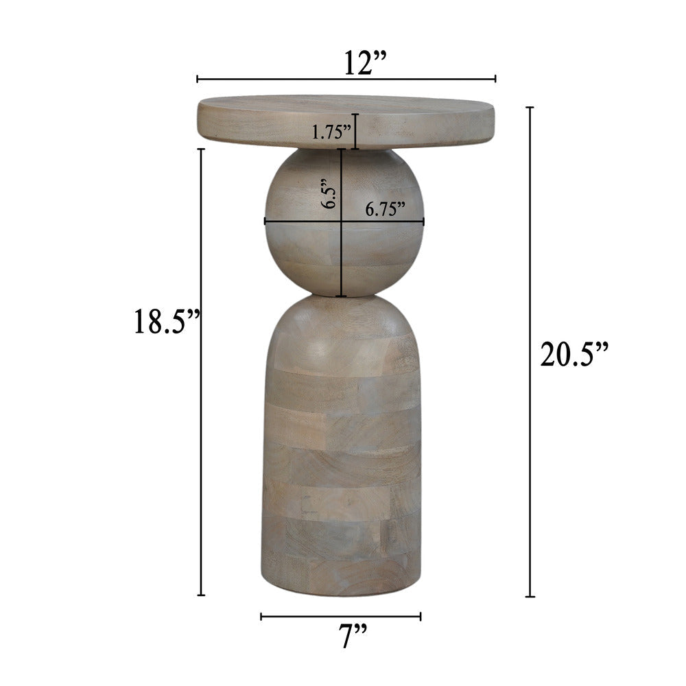 Tia 12 Inch Round Side End Table Turned Pedestal Base Beige Mango Wood in Natural Brown Finish By The Urban Port UPT-326718
